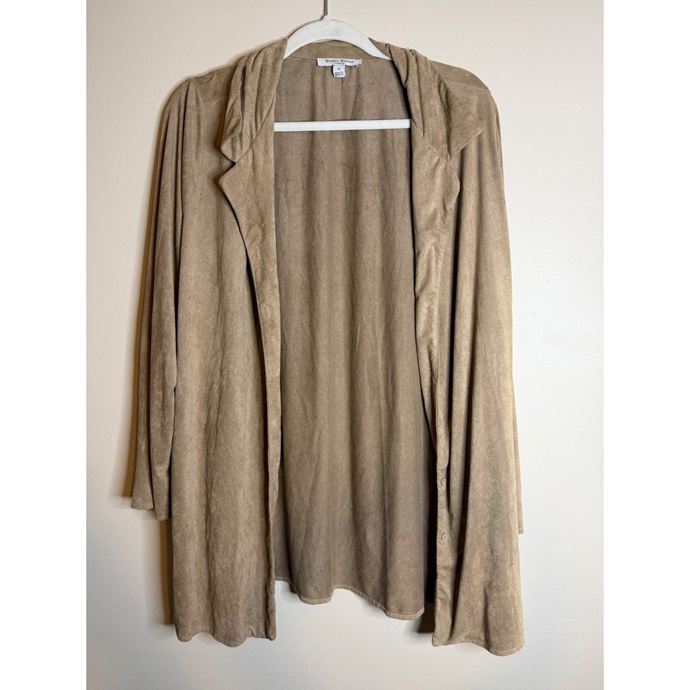 Studio Works Womens 1X Tan Faux Suede Open Front Cardigan Jacket Boho Fall